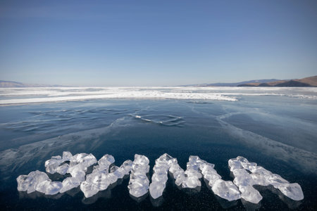 Winter word, composed of pieces of ice on the frozen lake Baikal