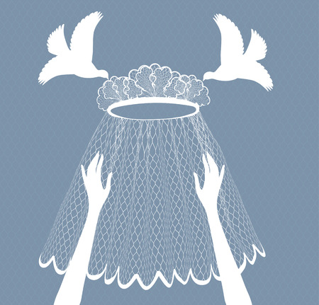 Pigeons brought  wedding veil in the hands of the brideのイラスト素材