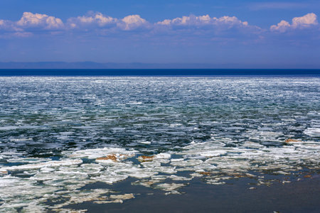 Melting ice on the Baikal lake in springの写真素材