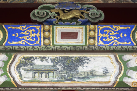 Decorative detail painted wooden gate in the Winter Palace Museum Bogd Khan Ulan - Bator, Mongoliaのeditorial素材