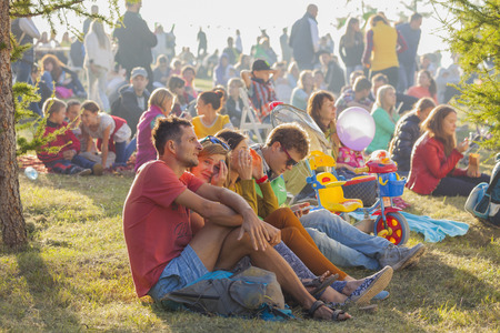 Krasnoyarsk, Russia - September 03 2016: People listen to music at a festival food "summer kitchen" on the mountain  Pokrovskayaのeditorial素材