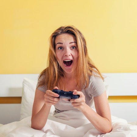 Girl teen playing console sitting up in bed, emotional photoの写真素材