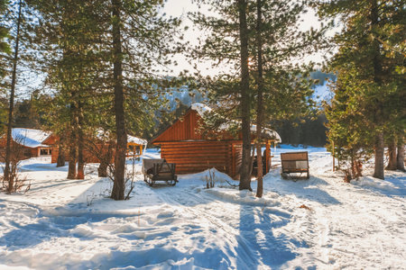 Recreation center on the lower Multinsky Lake in early spring, Gorny Altai, Siberia, Russia