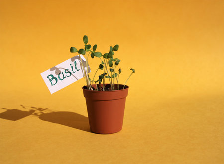 Basil seed sprouts seedlings in a pot for the garden on a yellow background