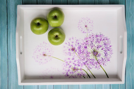 hand-painted breakfast tray flowers with green apples interior design