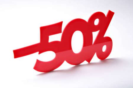 Red fifty percent, white background. -50%の写真素材
