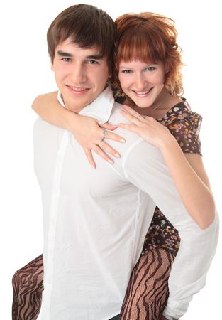 couple young man and woman on white backgroundの写真素材