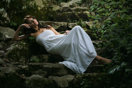 beauty woman on old stairsの写真素材