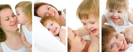 mother and little girl in the bedの写真素材