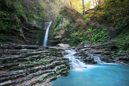 beauty waterfall in rock stoneの写真素材