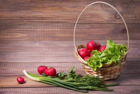 basket with lettuce and radishesの写真素材