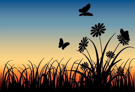 meadow with butterflies at sunriseのイラスト素材