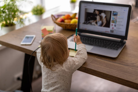 Beautiful woman at home in the kitchen uses a laptop and makes online purchases with a credit card...