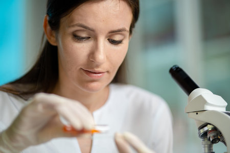 Female Medical Worker Conducting Laboratory Research With Microscope, Test Tubes, Medicines,...