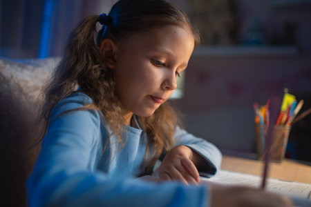Girl Schoolgirl Junior School Does Homework In The Evening At Home From School. Studying From A Book...