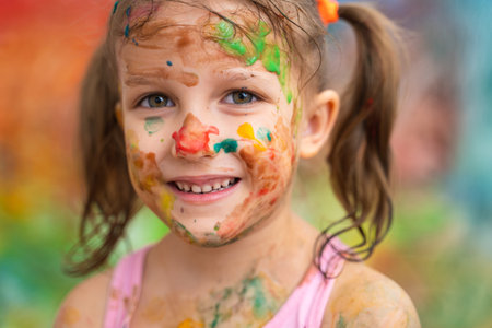 Little Girl Child Preschooler Draws Hands Paints On White Wall.