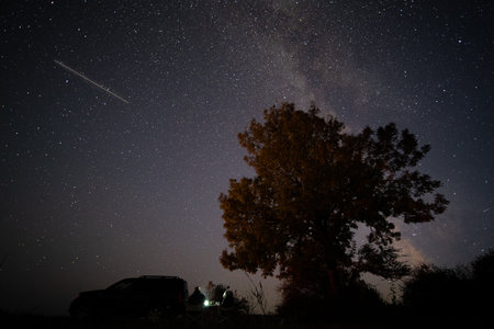Tourists rest on a road trip at night under a lonely tree and a starry sky with a milky way. Their SUV car is parked nearbyの写真素材