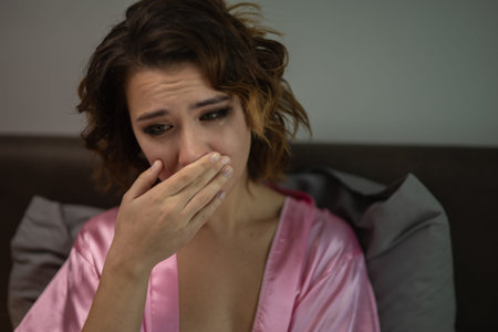Drunk Woman In Depression Is In The Bedroom And Suffers From Anxiety Drinks Alcohol Wine Alone At...
