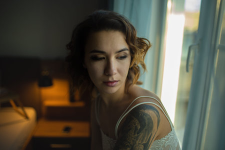 Drunk Woman In Depression Is In The Bedroom And Suffers From Anxiety Drinks Alcohol Wine Alone At...