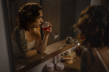 Drunk Woman In Depression Is In The Bedroom And Suffers From Anxiety Drinks Alcohol Wine Alone At...