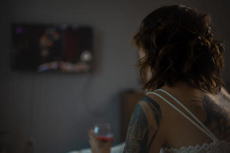 Drunk Woman In Depression Is In The Bedroom And Suffers From Anxiety Drinks Alcohol Wine Alone At...