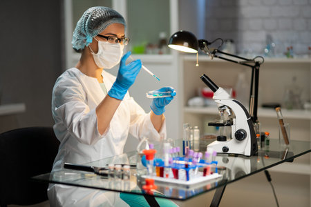 Female Medical Worker Conducting Laboratory Research With Microscope, Test Tubes, Medicines,...