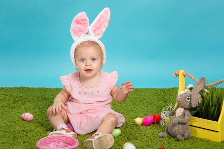 Little baby girl on green grass and blue background in the ears of an easter bunny with painted...