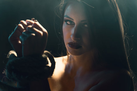 Young Beautiful Adult Woman Tied Rope For Mature Sexual Domination Games