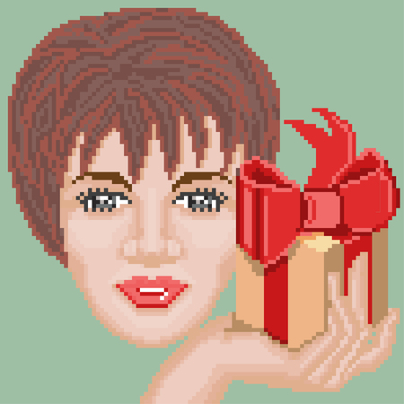 Pixel art style with happy woman and gift.のイラスト素材