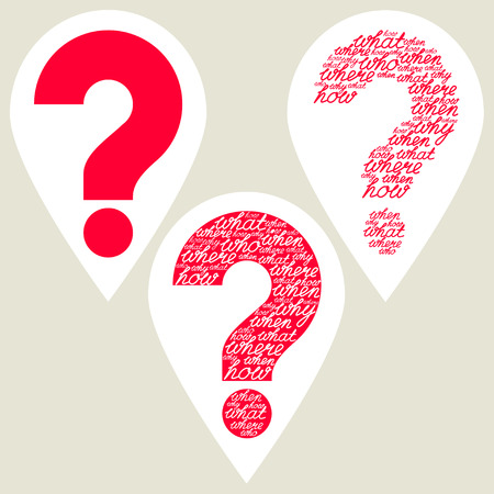 Question marks set. Hand drawn question mark made of question words. Carved out question mark. Red question mark. Help symbol. Isolated background.のイラスト素材