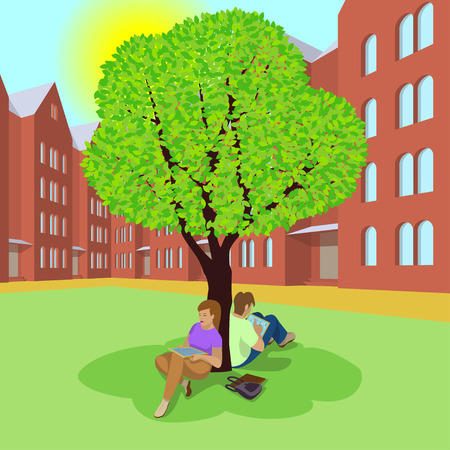 Students sitting under the tree and using the tablets. Couple resting in the shade of a tree. Campus in the spring. Sun is shining. Isolated background.のイラスト素材