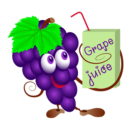 Grapes and   pack of juice. Funny cartoon bunch of juicy purple grape fruit character with  pack of juice. Isolated.のイラスト素材