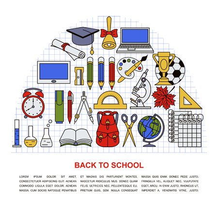 Collection of different school objects. Place for your text. Flat style illustration isolated on background.のイラスト素材