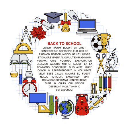 Collection of different school objects arranged in a circle. Place for your text. Flat style illustration isolated on background.のイラスト素材