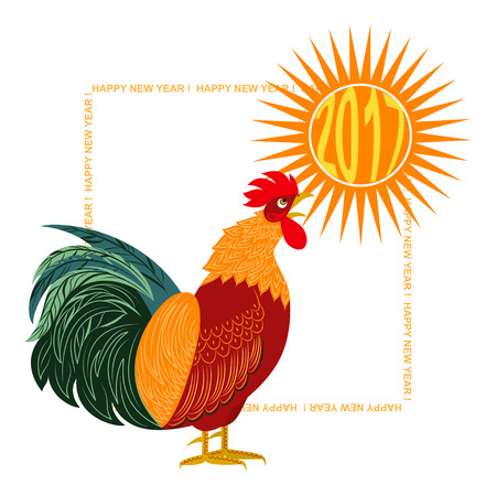 Vector illustration of Happy New Year 2017 greeting card design. Colorful rooster isolated on white background.のイラスト素材