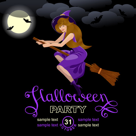 Halloween party invitation card.  Design template with Witch Flying on a Broomstick and place for text. Isolated background.のイラスト素材