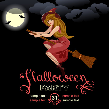 Halloween party invitation card.  Design template with Witch Flying on a Broomstick and place for text. Isolated background.のイラスト素材