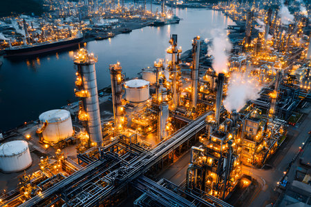 Industrial complex illuminated at night with active machinery and glowing lights by the waterの素材