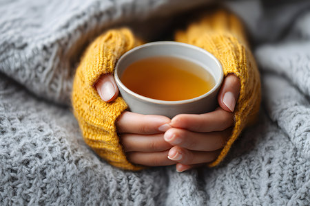 Cozy hands holding a warm cup of tea wrapped in a soft sweater on a chilly day at homeの素材