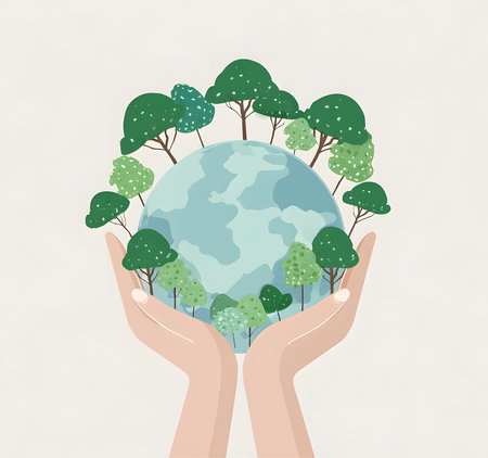Hands support a globe surrounded by trees, symbolizing environmental care and sustainability in a minimalistic designの素材