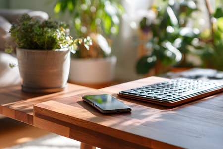 Workspace with a modern keyboard and smartphone on a wooden table surrounded by greenery in the morning lightの素材