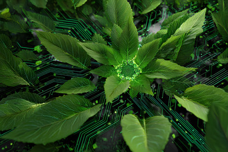 Nature and technology blend in vibrant green leaves with circuit patterns in a modern digital landscapeの素材