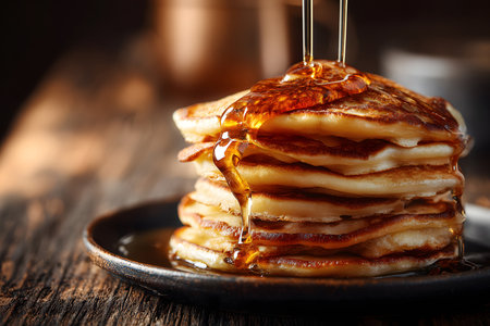 Delicious stack of fluffy pancakes topped with syrup on a rustic wooden table during breakfast timeの素材