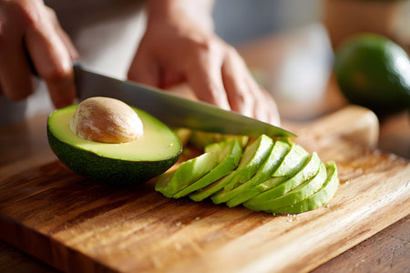 Slicing ripe avocado on wooden cutting board in a cozy kitchen settingの素材