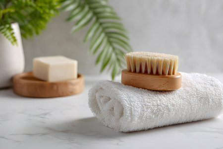 Spa essentials with a natural touch featuring a brush, soap, and towels on a serene marble surfaceの素材