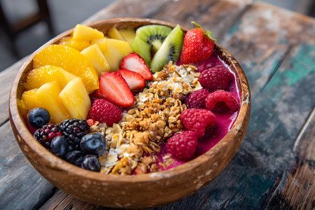 A vibrant bowl brimming with fresh fruits like strawberries, kiwis, and pineapple sits on a rustic wooden table. This healthy dish is perfect for breakfast or a snack.の素材
