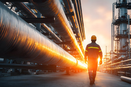 A worker wearing an orange uniform and helmet stands between large oil pipes, gazing at a stunning sunset over an industrial site with visible smoke.の素材