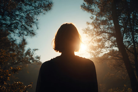 A person stands peacefully in a lush forest, surrounded by tall trees. Sunlight streams through the branches, creating a warm, serene atmosphere. It is early evening.の素材