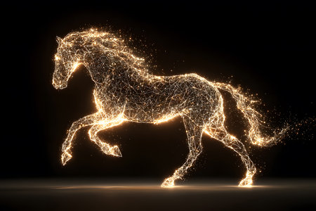 A horse gallops gracefully, its form constructed from shining particles. The dark background enhances its luminous presence, creating a magical scene that captivates the viewer.の素材