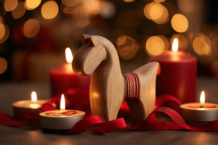 A wooden horse figurine sits on a table adorned with red ribbons and candles. Soft lights create a warm atmosphere, perfect for a holiday gathering or cozy evening.の素材